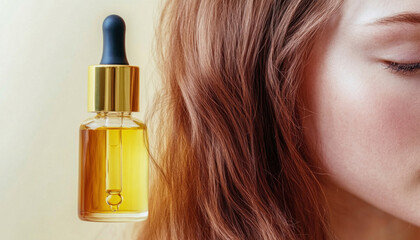 Fototapeta premium Woman applying essential oil serum for hair and skin treatment