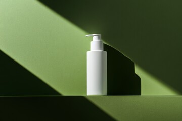 White cosmetic plastic bottle with pump packaging for cream, lotion, medicine, shampoo or liquid soap isolated on pastel pale green background. Blank skincare beauty product tube template. Empty jar