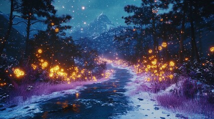 Fototapeta premium a snowy mountain road at night, with trees covered in snow and lights shining on the ground, the sky is dark blue, creating an atmosphere of tranquility and mystery, 
