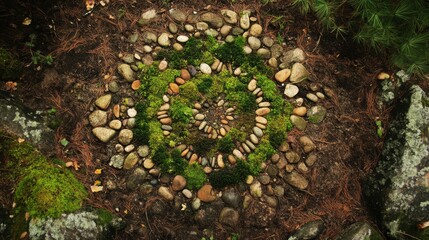 Spiral stone and moss garden art.