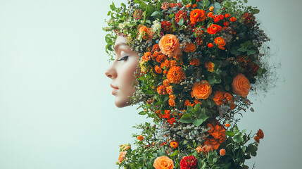 Beautiful floral sculpture with a woman's face created from vibrant flowers and greenery in an...