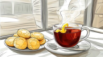 A steaming cup of tea with lemon and a plate of cookies, set by a window.