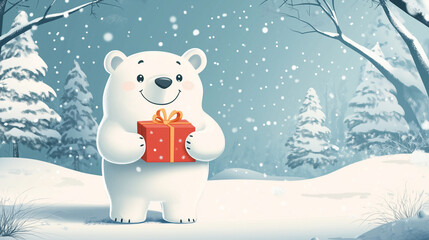 Fototapeta premium Cute polar bear holding a red gift box in a snowy winter forest with falling snowflakes