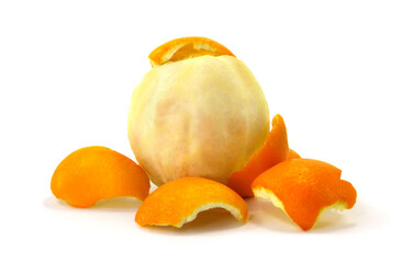 Orange fruit with pieces around, food composition on white background