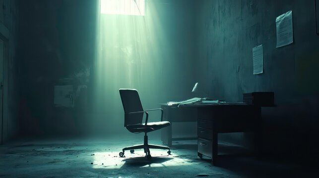 Deserted office room with sunlight beam, dusty floor, and old desk and chair.
