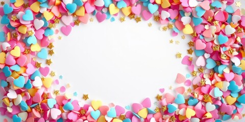 Naklejka premium A colorful and whimsical border of pastel hearts and gold stars on a pristine white background creates a festive and celebratory frame.