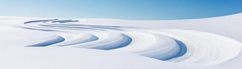 Snowboard tracks carving artistic patterns into a vast snowy landscape, snowboard powder patterns, art in motion