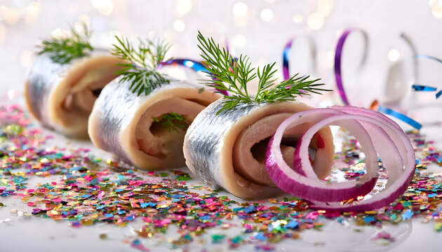fisch, rollmops, kater, fr&uuml;hst&uuml;ck, katerfr&uuml;hst&uuml;ck, essen, karneval, neu, close up, k&ouml;ln, hering, dill, matjes, meeresfr&uuml;chte, zwiebeln, rote, feinschmecker, modern, konfetti, rosenmontag, luftschlange