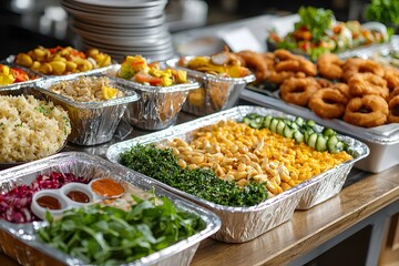 Fototapeta premium A beautifully arranged catering service offering healthy meals with lean proteins and grains beside a table of fried fast food.