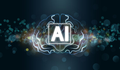 Artificial intelligence. Illustration of glowing brain and AI abbreviation on dark background,...