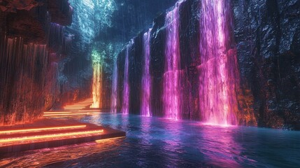 A surreal canyon where waterfalls of liquid light flow between jagged cliffs, creating glowing pools. Floating platforms and neon-lit paths guide explorers through the dreamlike terrain. The 