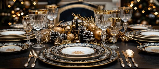 Elegant Christmas dinner table setting with gold and black tableware, crystal glasses, and festive decorations.