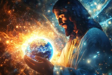 Abstract depiction of Jesus holding the Earth, glowing with divine light and surrounded by cosmic elements