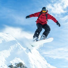 Snowboarder launching from a cliff into powder-filled terrain, snowboard powder leap of faith, adrenaline scene