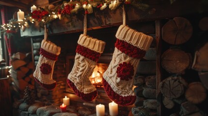 Cozy Christmas stockings hanging above fireplace.