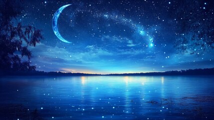 Starry Night Reflections, a serene scene showcasing a clear night sky filled with stars mirrored on the calm surface of a lake, creating a breathtaking and peaceful atmosphere.