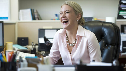 a photo of a businesswoman laughing while sitting in the office