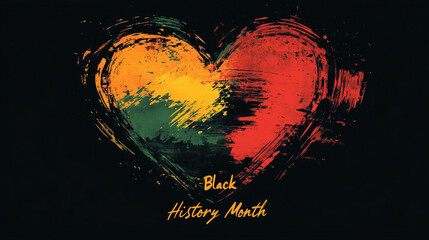 Artistic heart design for Black History Month with red, yellow, and green brush strokes on black background