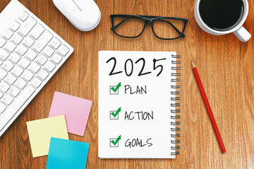 2025 Happy New Year Resolution Goal List and Plans Setting - Business office desk with notebook...