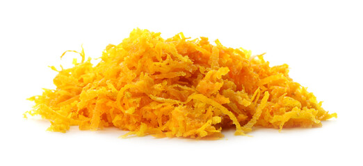 Pile of fresh orange zest isolated on white
