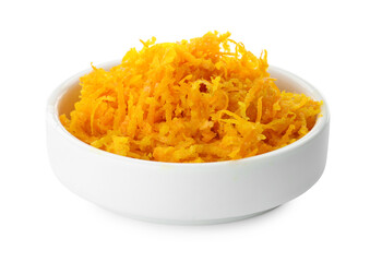 Fresh orange zest in bowl isolated on white