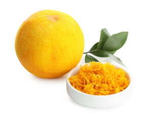 Orange zest and fresh fruit isolated on white