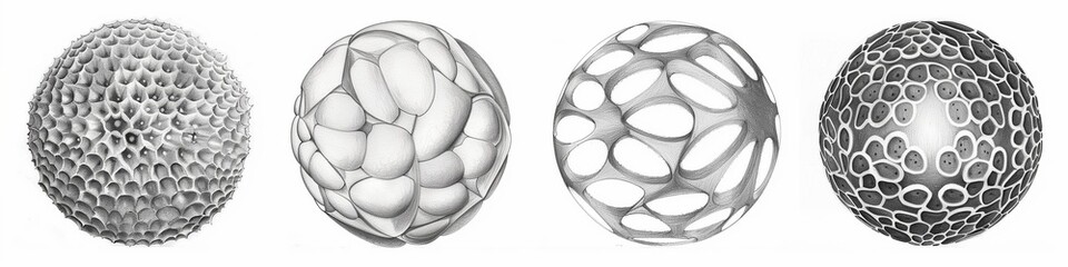Pencil drawing of four different textures on the surface of an egg, on white background