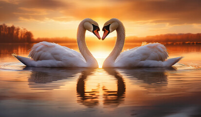 Two Swans Making a Heart Shape with Sunset Landscape