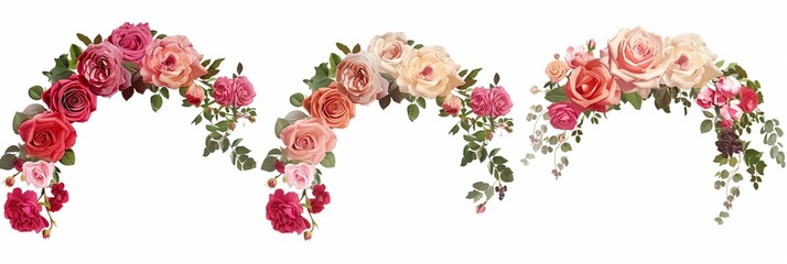 A floral arch with roses in various shades of pink and red, in the style of clipart, white background