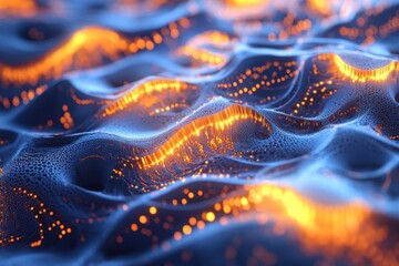 Obraz premium High-resolution 3D fractal art with glowing orange and blue elements forming an intricate abstract pattern