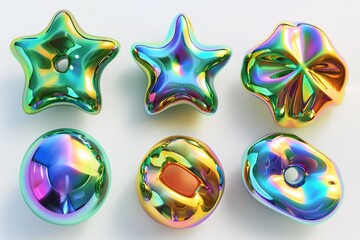 3D render of iridescent metal shapes, a star and a circle on a white background, in the style of Blender 40, with a glossy finish.