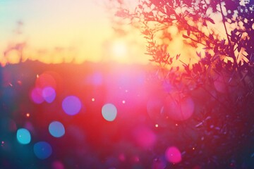 Fototapeta premium A colorful horizon at sunset, lensflare glowing over the landscape with a double exposure of trees and sky, relaxing and peaceful mood, soft colors, warm glow from the sun 4
