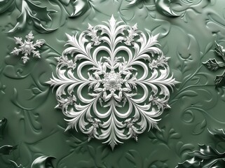 3D render of a white snowflake ornament on a green background, in the style of rococo