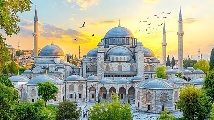 Obraz premium Majestic mosque at sunset, surrounded by lush greenery and birds in flight.
