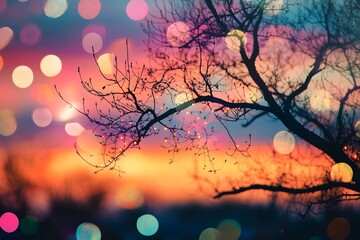 Naklejka premium A colorful horizon at sunset, lensflare glowing over the landscape with a double exposure of trees and sky, relaxing and peaceful mood, soft colors, warm glow from the sun 5