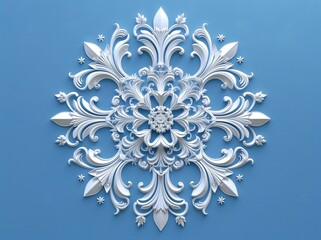 3D render of a white, elegant ornament on a blue background, in the style of a mandala