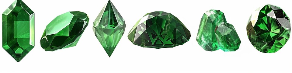 A variety of emerald gemstones in different shapes and sizes, white background, PNG file.
