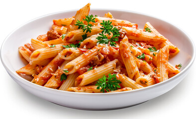 Top View of a White Bowl of Penne Arrabbiata
