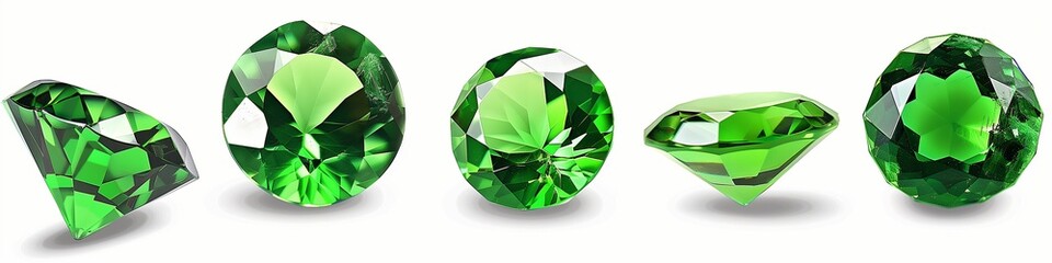 Five emerald green gemstones of different shapes and sizes on a white background, in PNG format.
