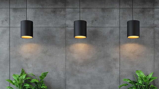 Three black light fixtures are hanging from the ceiling above a plant