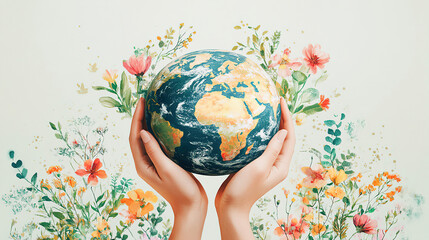 Hands holding a vibrant globe surrounded by colorful flowers to symbolize love for nature and the planet's beauty. Generative AI
