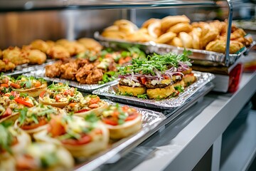 A beautifully organized catering service with a focus on fresh, nutritious meals compared to a fast food corner filled with fried items.
