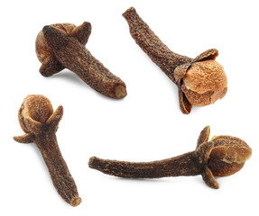 Fragrant clove buds isolated on white, set