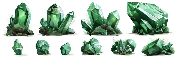 A set of emerald crystals, a conceptual digital painting in the style of a cartoon on a white background