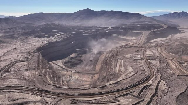 Aerial Drone Footage of Open-Pit Mining Operations in the Chilean Desert - Roads, Trucks, and Large-Scale Copper Mining Activities






