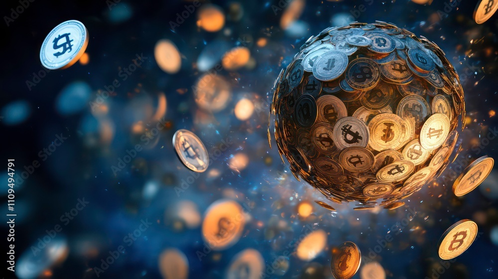 Aufkleber abstract sphere formed by various currency coins, floating in dark space with sparks.