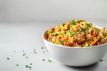 A bowl of fried rice with vegetables and pieces of chicken, placed on a simple white table with a light gray background and lots of copy space