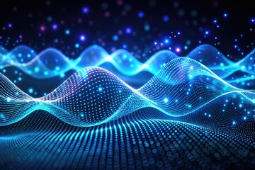 Neon Blue Abstract Wave, Futuristic Digital Art, Glowing Dots, Data Flow, Tech Background, Dynamic Animation, Vintage Photography Style