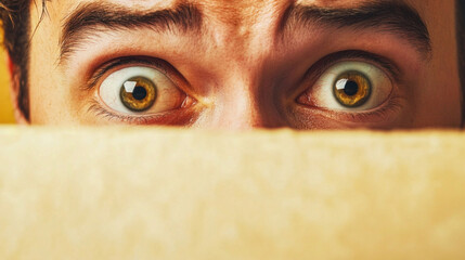 Man hiding behind cardboard showing big scared eyes and eyebrows