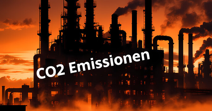 Abstrakt gezeichnete Fabrik mit rauchenden Kaminen verschmutzt die Umwelt, Aufschrift CO2 Emissionen. Umweltverschmutzung durch giftigen Rauch